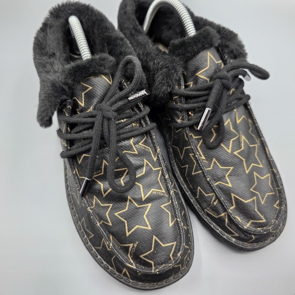 Hey Dude Britt Booties Womens 10 Starry Black Gold Faux Fur Lined Flat Comfort - Picture 2 of 13